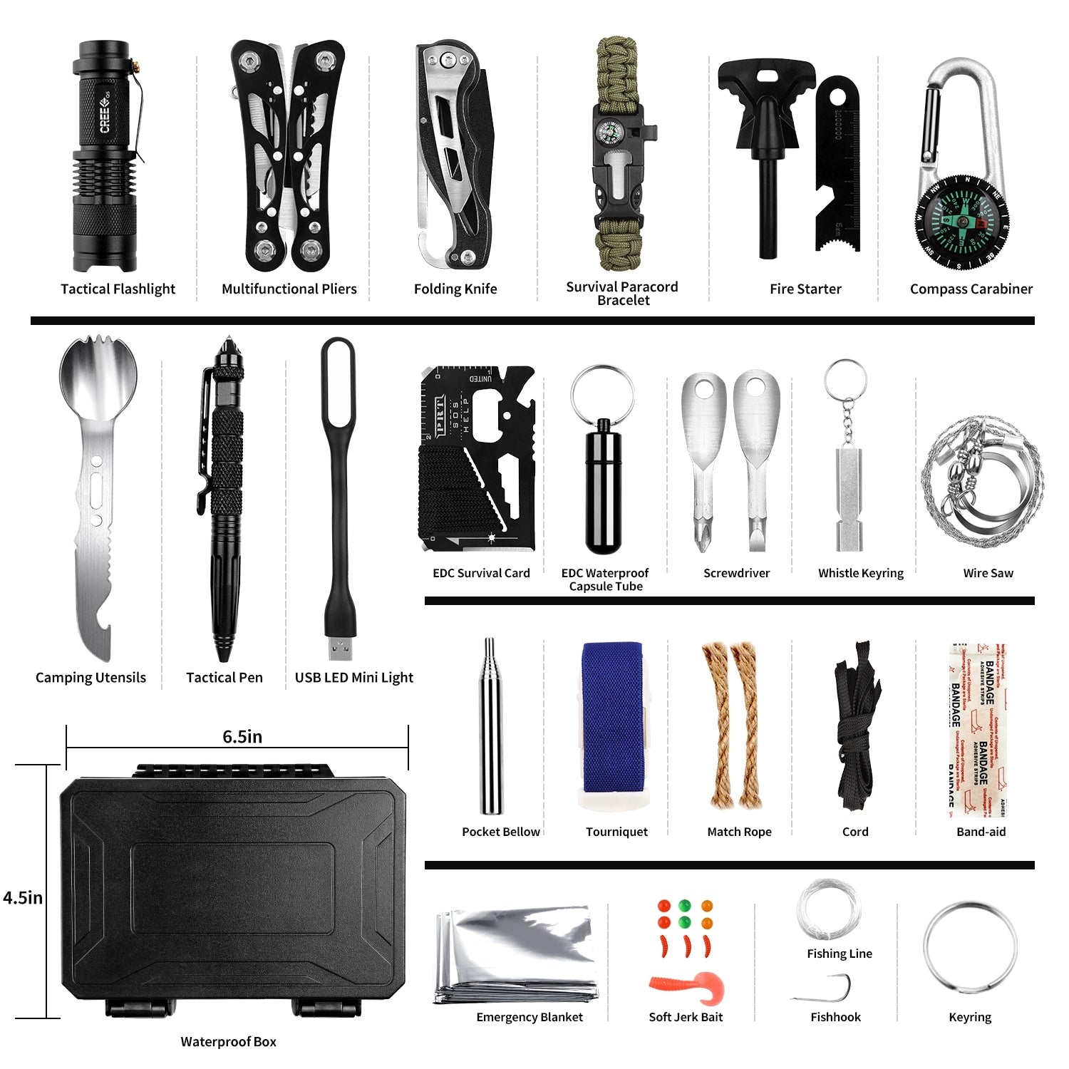 ANTARCTICA Emergency Survival Gear Kits 60 in 1, Outdoor Survival Tool with Emergency Bracelet Whistle Flashlight Pliers Pen Wire Saw for Camping, Hiking, Climbing, Car
